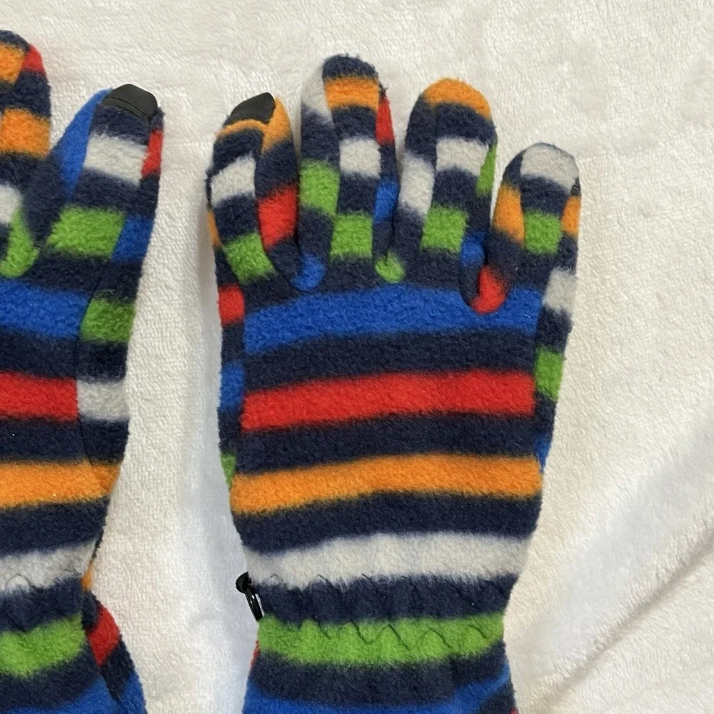 Lands' End Fleece Gloves Kids Size SMALL EZ-Grip Rainbow Stripes Gathered Wrist